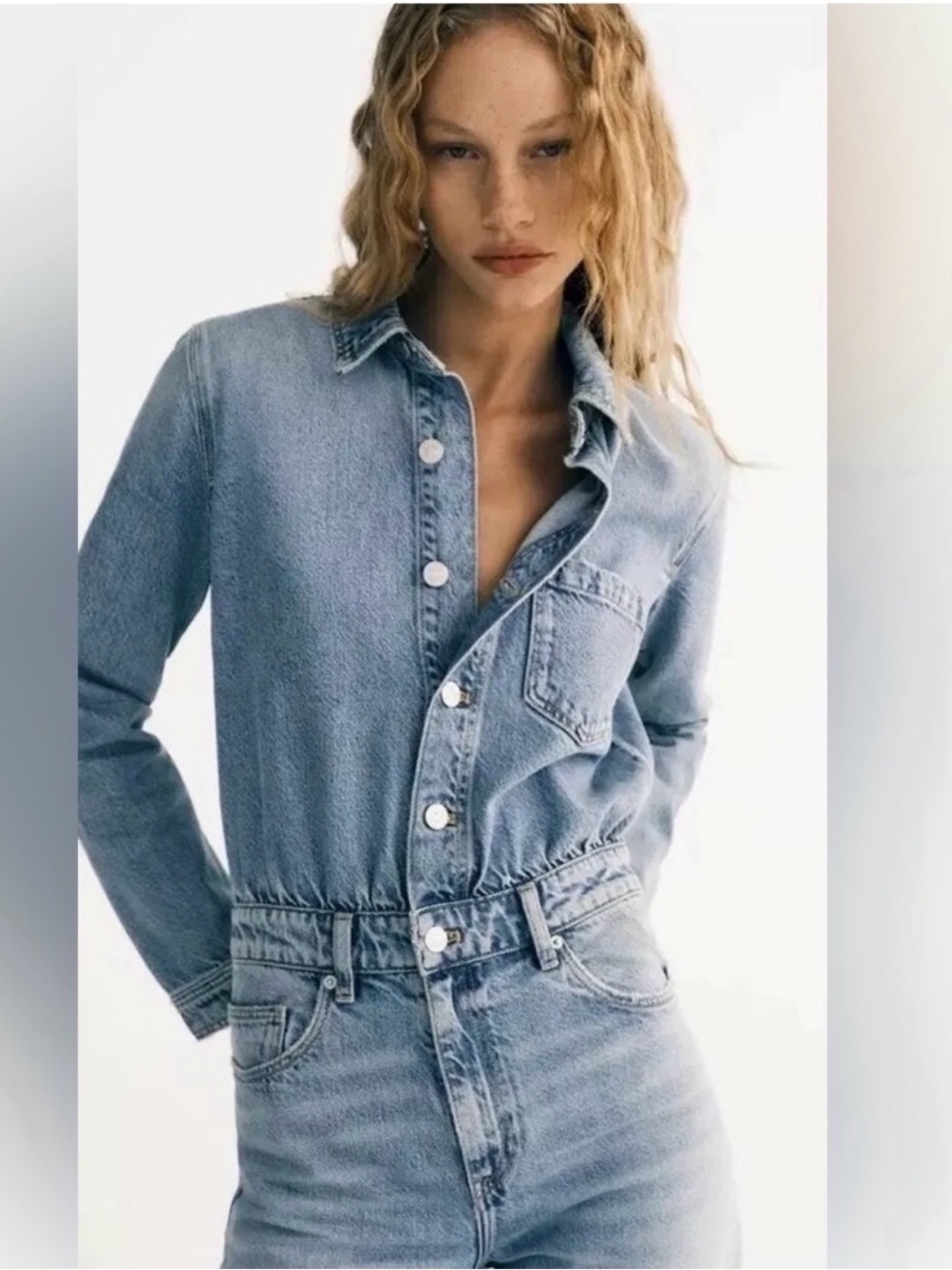 Zara Light Blue Denim Overalls Jumpsuit